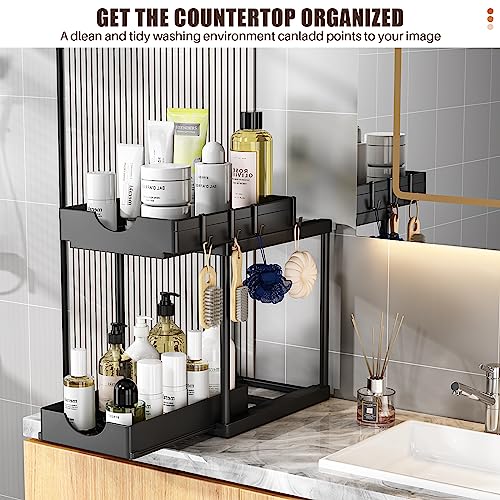 ARSTPEOE 2 Pack Double Sliding Under Sink Organizers and Storage,Two Tier Bathroom Storage and organization,Under Cabinet Organizer with Hooks,Home Organization,Black