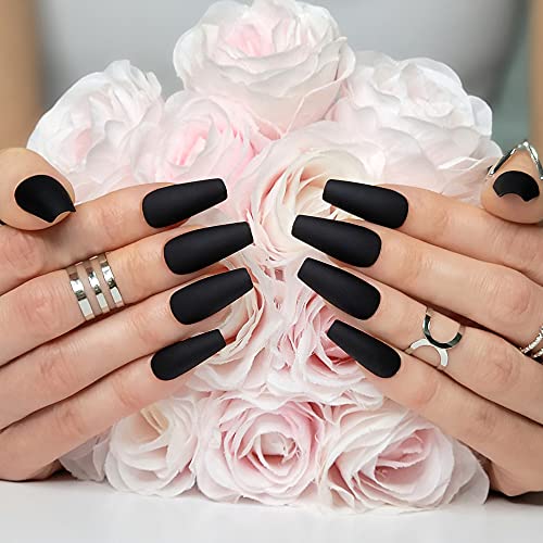 Hypnaughty 24 Pcs Noir Black Matte Luxury Coffin Press on Nails with Glue Medium Long Solid Black Color False Nails (Noir)