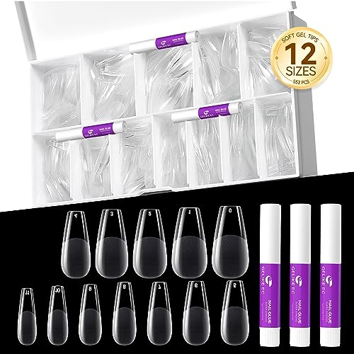 552Pcs Medium Coffin Nail Tips With 3Pcs Nail Glue - Gelike EC Soft Gel X Nail Tip Full Cover Half Matte For Nail Starter Nail Kit With Stronger Nail Glue, Nails Extension Nail Art DIY Gift 12 Sizes