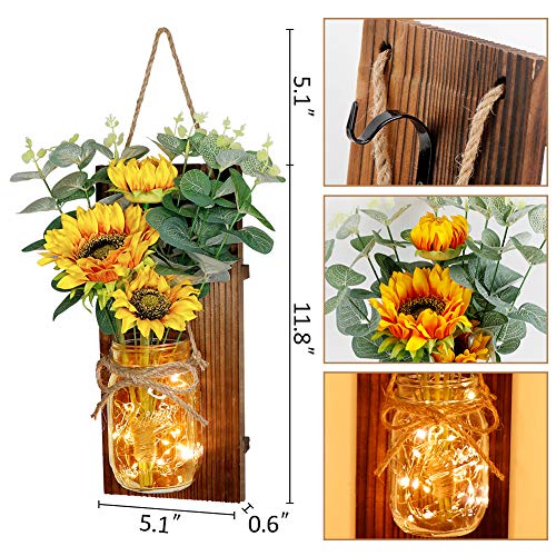OurWarm Sunflower Mason Jar Sconces Wall Decor Set of 2 Rustic Handmade Hanging Jars with LED Fairy Lights for Home Kitchen Living Room Farmhouse Decorations