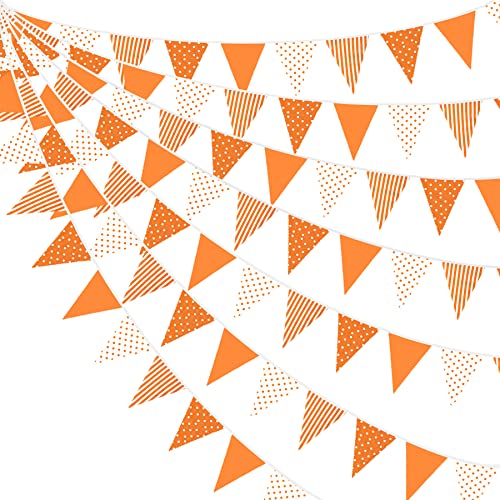 32Ft Orange Stripe Dot Triangle Flag Fabric Banner Cotton Pennant Garland Bunting Streamer for Fall Decor Autumn Wedding Birthday Party Thanksgiving Day Home Nursery Outdoor Garden Hanging Decoration