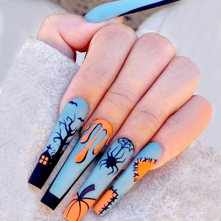 diduikalor Halloween Extra Long Press on Nails Coffin Glue on Nails Nude Blue Fake Nails Spider Web Pumpkin Scary Ghost Haunted House Designs Stick on Nails Acrylic False Nails for Women 24Pcs