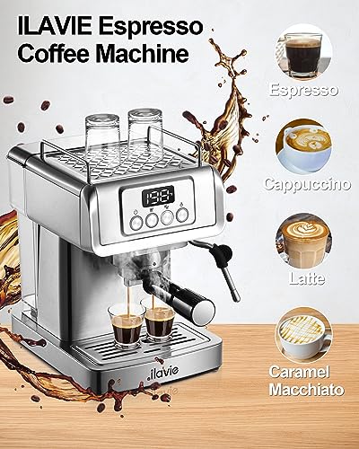 ILAVIE 20 Bar Espresso Machine, Stainless Steel Espresso Coffee Machine for Cappuccino, Latte, Espresso Maker for Home, Automatic Espresso Machine with Milk Steamer, 1.8L Water Tank, 1350W