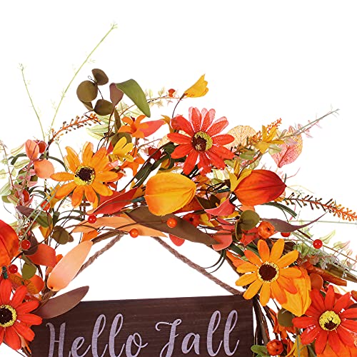 Artificial Fall Wreath with “Hello Fall” Sign,20” Autumn Front Door Wreath Fall Flower Wreath with Pumpkin and Berry for Home Farmhouse Wall Window and Thanksgiving Decor-Beautiful Gift Box Included