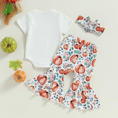 PUHHAPIEY Newborn Baby Girl Fall Clothes Short Sleeve Romper Flared Pants Headband Bell-Bottoms Set Pumpkin Halloween Outfit (Short Sleeve White, 6-12 Months)