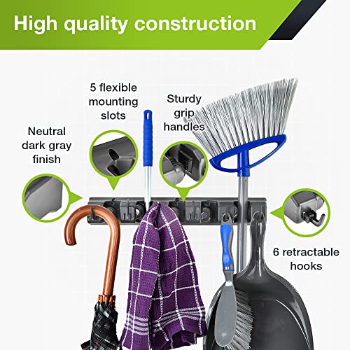 Alpine Mop And Broom Holder Wall Mount – Durable Holders For Garden Tools Broom Rake Gripper With 5 Slots & 6 Hooks - A Home Organization Must Haves