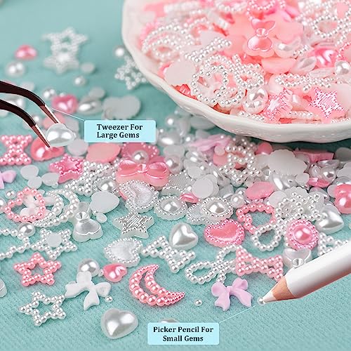 1200Pcs 3D Multi Shapes Nail Charms and Flatback Pearls, White&Pink Mix styles Heart Star Bow Sunflower Embellishments for Nail Art, Craft and Decoration with Glue Gel, Tweezer and Pickup Pencil