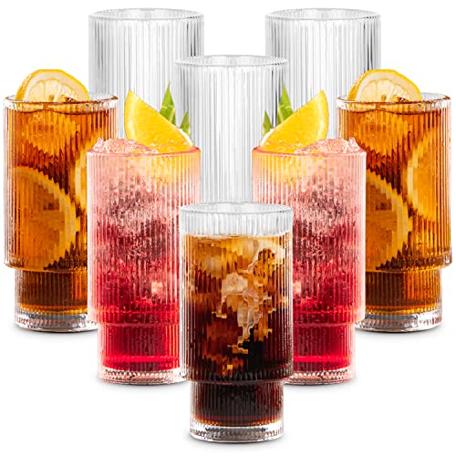 Combler Ribbed Glass Cups, 11oz Drinking Glasses Set of 8, Ribbed Glassware Sets for Whiskey Cocktail Beer Smoothie Iced Coffee Glasses, House Warming Gifts New Home, Bar Essentials