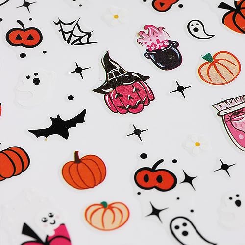 Cute Halloween Nail Art Stickers Pink Pumpkin Nail Stickers for Nail Art, 3D Self-Adhesive Spider Web Decals Stickers Star Skeleton Design Nail Supplies for Manicure Acrylic Nail Decoration 6 Sheets