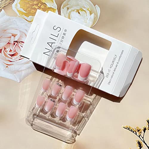 24 Pcs Medium Square Fake Nails French Tip Press on Nails, Glossy Glue on Nails Full Cover False Nails with Rhinestones & Flowers Designs Medium White Nail Tips Pink Acrylic Nails for Women Girls