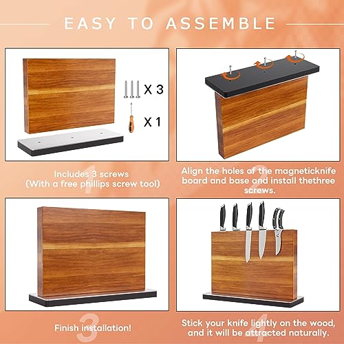 Yirilan Magnetic Knife Block, Double Sided Magnetic Knife Holder, Acacia Wood Home Kitchen Magnetic Knife Stand - Large size