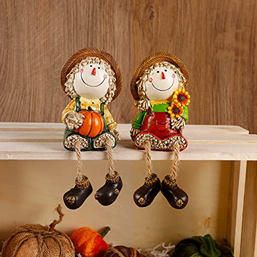 Lulu Home Fall Figurines, Set of 2 Resin Scarecrow Shelf Sitters with Dangling Legs, Fruit Harvest Sculpture for Window Sill Kitchen Tabletop Autumn Home Decoration