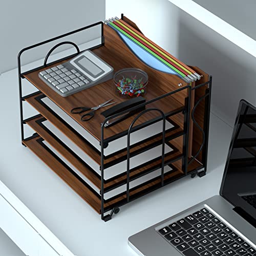 LUCYCAZ File Organizer - Paper Tray Organizer for Desk, 4 Tier Wood Desk Organizer for Hanging File Folders Letter Size or A4 Size, Desktop File Organizer for Office School and Home, Black
