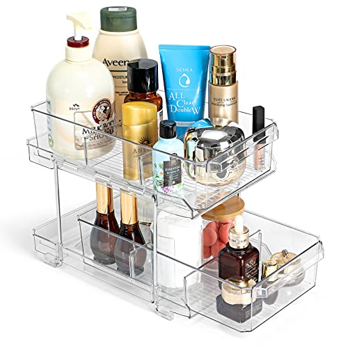 2 Set, 2 Tier Large (8.5" Wide) Clear Organizer with Dividers, MultiUse Slide-Out Storage Container - Kitchen, Pantry, Medicine Cabinet Storage Bins, Bathroom, Vanity Counter, Under Sink Organizing