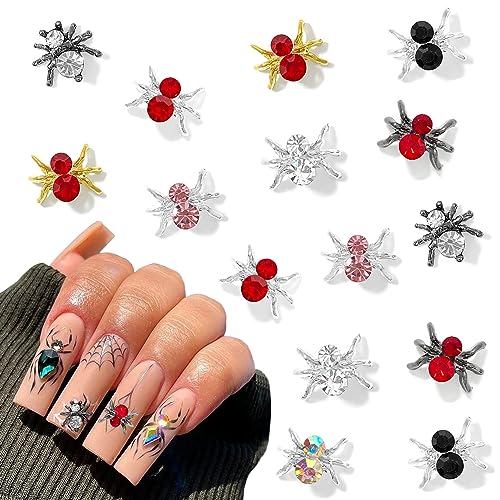 32Pcs Halloween Nail Charms 3D Spider Nail Charm Silver Gold Red Spider Nail Jewelry Gems Shiny Alloy Designs Halloween Nail Charm Set or Acrylic Nails Supplies DIY Gothic Nail Art Decorations