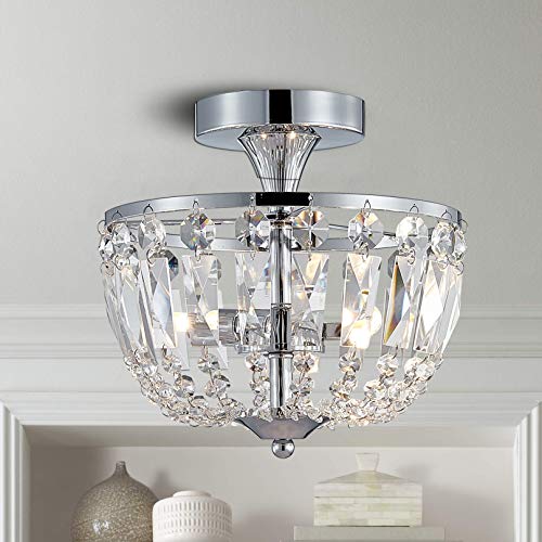 Bestier Modern Chrome Crystal Semi Flushmount Chandelier Lighting LED Ceiling Light Fixture Lamp for Dining Room Bathroom Bedroom Livingroom Diameter 9" Height 8.6"