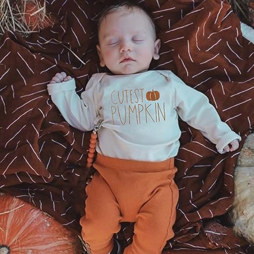 Lucikamy Newborn Baby Boy Halloween Outfit Pumpkin Print Long Sleeve Romper Onesie + Pants Hat Infant Halloween Clothes Set (White + Brown, 0-3 Months)