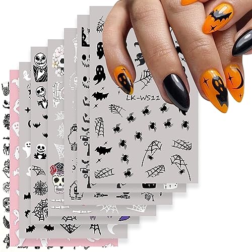 YOSOMK 8 Sheets 3D Halloween Nail Art Stickers Decals Ghost Skull Spider Pumpkin Nail Decals Self-Adhesive Nail Art Supplies Halloween Party Nail Accessories for Women DIY Manicure Decorations Design.