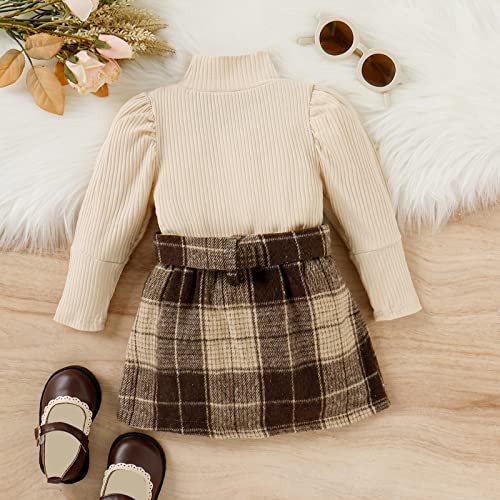 Fernvia Toddler Baby Girl Fall Winter Skirt Set Turtleneck Ribbed Long Sleeve T-Shirt Top & Plaid Skirts Dress 2Pcs Outfits (J Beige, 12-18 Months)