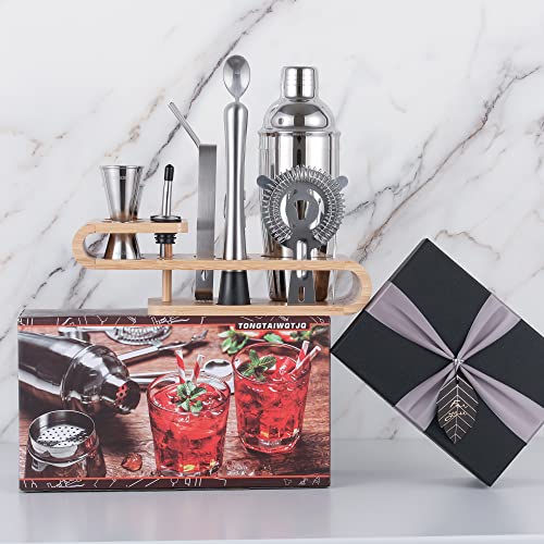 TONGTAIWQTJQ Bartender Kit Cocktail Shaker with Stylish Bamboo Stand,18-Piece Bar Tool Set with Recipes Booklet,Home Drink Mixer Set