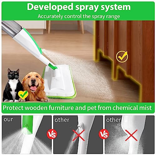 Mops for Floor Cleaning Microfiber Spray Mop with 3 Washable Reusable Pads, a Refillable 14 oz Bottle and Scrubber Wet Dry Flat Sweep Mop with 360 Degree Swivel Head for Home Hardwood Laminate, Green