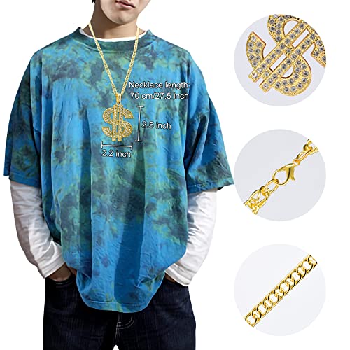 7 PCS 80s/90s Hip Hop Costume Kit, Cool Rapper Costume Outfits Accessories for 80s/90s Theme Party, Bucket Hat Sunglasses Dollar Sign Chain Ring Earring Inflatable Radio Chain Bracelet