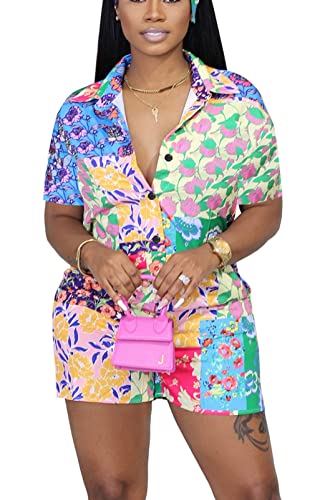 Bluewolfsea Womens Plus Size Casual Summer Boho Floral Printed 2 Piece Outfits Rompers Short Sleeve Shirt and Shorts Set XX-Large Flower