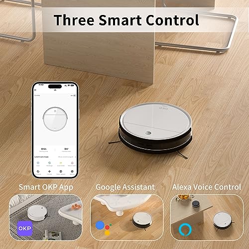 OKP Robotic Vacuum Cleaner, WiFi/App/Alexa, Robot Vacuum Cleaner with Schedule, Efficient Filtration System, Self-Charging, Slim Design, Quiet, Perfect for Hard Floors, Pet Hair, Carpets