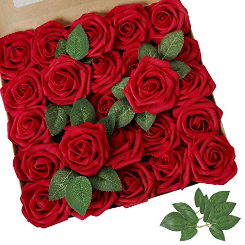 AmyHomie Artificial Flowers Red Rose 100pcs Real Looking Fake Roses w/Stem for DIY Wedding Bouquets Centerpieces Arrangements Party Baby Shower Home Decorations