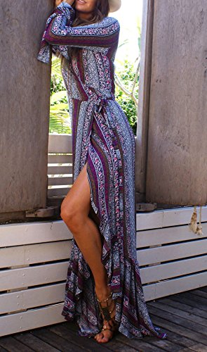 R.Vivimos Womens Summer Long Sleeve Cardigan Sexy Maxi Dresses (Small, Magenta/NavyBlue)