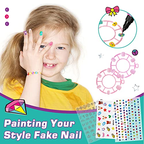 Amagoing Nail Art Kit for Girls, Kids Nail Polish Play Set with Nail Dryer, 2 in 1 Nail Pens,Sticky Cartoon Fake Nail, DIY Sticker, Nail Studio Decoration Birthday Christmas Gift for Kids Age 6-12