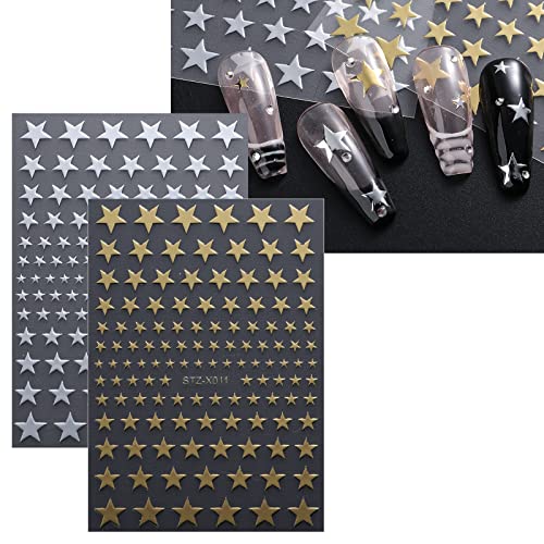 JMEOWIO 12 Sheets Moon Star Nail Art Stickers Decals Self-Adhesive Pegatinas Uñas Gold Silver Nail Supplies Nail Art Design Decoration Accessories