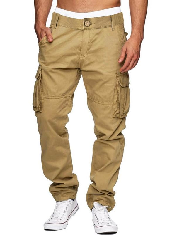 JMIERR Mens Pants Loose Fit Cargo Pants for Men Casual Cotton Stretch Elastic Waist Hiking Work Tactical Pants Flexible Outdoor Joggers Sweatpants Multi Pockets,US 40(2XL),1Khaki