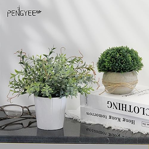 PENGYEE Small Fake Plants 4Pcs Indoor Artificial Potted Plants Set for Room Decor- Mini Green Plastic Faux Plants in White Pot for Home Kitchen Laundry Office Farmhouse Classroom Shelf Decor