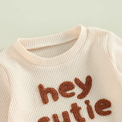 Toddler Baby Girl Boy Fall Winter Waffle Outfit Set Letter Printed Long Sleeve Sweatshirt Tops + Pants (Apricot, 0-3 Months)