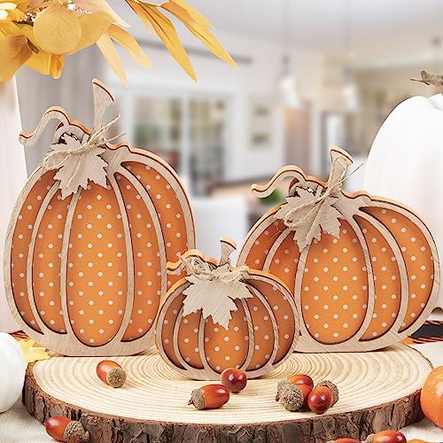 Fall Decor-Wooden Autumn Pumpkin Fall Decorations for Home Shelf Mantel Table Decor Pumpkins of Three Sizes Fall Season