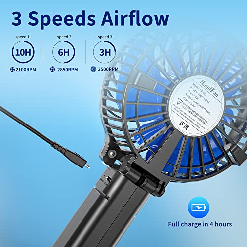 HandFan Portable Handheld Fan, Mini Personal Fan, Battery Operated Cooling Rechargeable Fan, 180° Foldable Small Hand Fan, USB Powered, for Home, Office, Outdoor, Hiking, Travel, Stroller