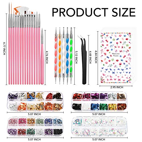 Nail Art Brushes Set, FANDAMEI Nail Design Kit, Nail Art Dotting Pens, Nail Stickers, Butterfly Nail Art Sequins, Nail Foils, Nail Art Flakes Iridescent, Rhinestones For Nails