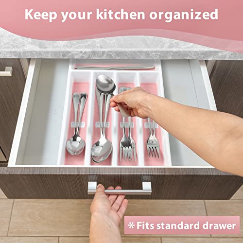 Joequality Silverware Organizer with Icons，Plastic Cutlery silverware Tray for Drawer，Utensil Flatware Tableware Organizer for Kitchen with Non-slip TPR,Fits Standard Drawer,5-Compartment,Pink