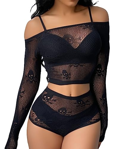 Buitifo Womens Lingerie Set Fishnet Babydoll Bodysuit Sexy Nightwear Skull Halloween Costume (Black TGTA,M)