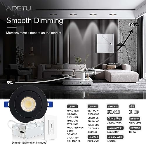 Adetu 4 Inch Gimbal Black Led Recessed Light, 360°+90° Adjustable Directional Recessed Lighting, 2700K/3000K/3500K/4000K/5000K Dimmable Retrofit Eyeball Can Light with Jbox,ETL（Black，6 Pack）