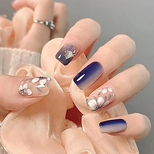 Flower Press on Nails Long Square Fake Nails Blue Gradient Camellia False Nails Glossy Full Cover Artificial Nails for Women Charm Manicure Decoration Reusable Stick on Nails Glue on Nails