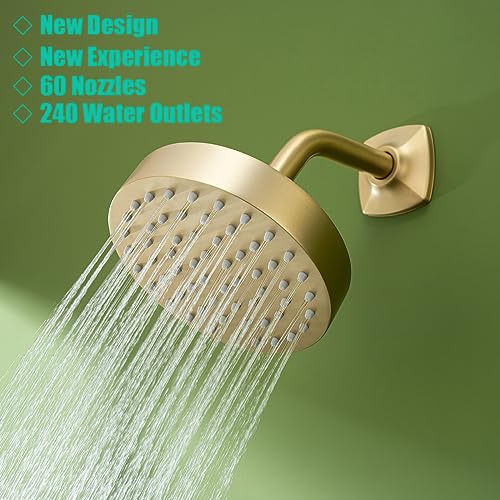 RANDOM 6 Inch Brushed Gold Shower Head High Pressure Magic Rain With 360 Adjustable Swivel Ball Joint with Filter, Solid Stainless Steel Showerhead, Luxury Modern Look.