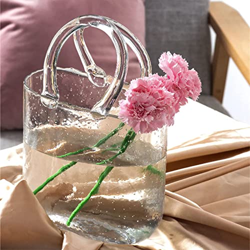 Hewego Clear Glass Vase with Elegant Purse Design,Glass Purse Vase with Handle and Bubbles Within Flower Vase,Glass Bag Vase,Clear Purse Vase for Flowers/Home Décor (1 Clear Vase)