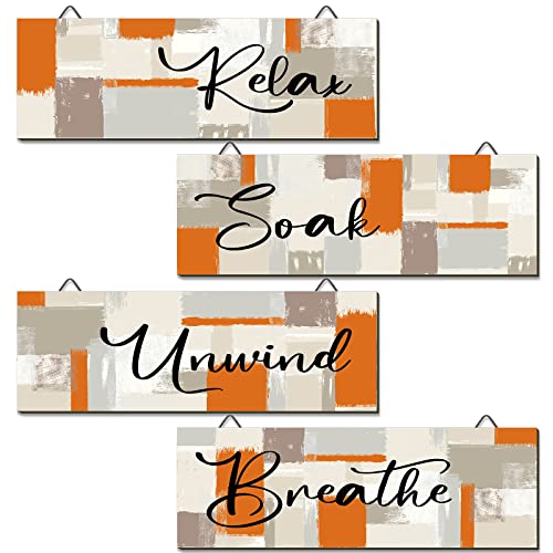 Tradder 4 Pcs Bathroom Wall Art Farmhouse Wall Decor Rustic Bathroom Pictures for Wall Wooden Relax Signs for Bathroom Relax Soak Unwind Breathe Laundry Room Home Decorations Country(Abstract)