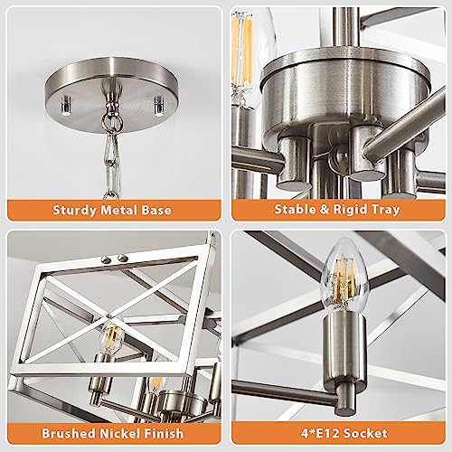 Doltoro Brushed Nickel Farmhouse Chandelier 4-Light Modern Chandelier for Dining Room Lighting Fixtures Hanging, Iron Square Frame Chandeliers for Hallway Kitchen Foyer Living Room Bedroom