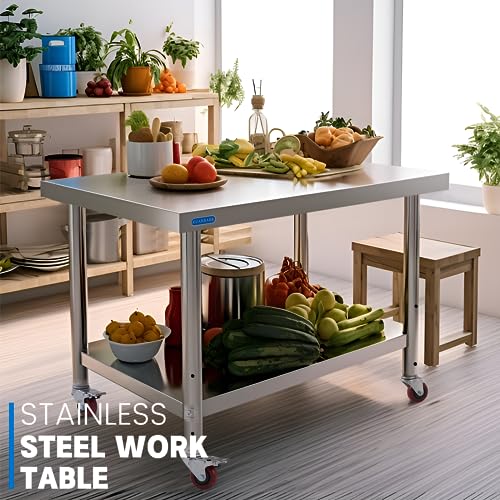 KUARBARR 2023 New Stainless Steel Table for Prep & Work with 4 Caster Wheels with Undershelf 24 x 36 NSF Metal Commercial Kitchen Adjustable Undershelf Worktable for Restaurant Home Outdoor