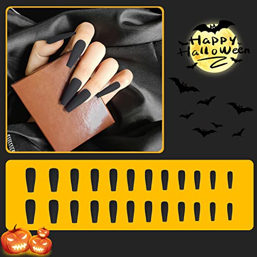 24 Pcs Matte Black Press on Nails Fake Nails, Coffin Nails Ballerina Extra Long Acrylic Stick on Nails, False Nails for Women and Girls