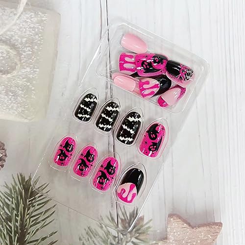 Halloween Press on Nails Medium Pink Halloween Fake Nails Full Cover Ghost Bat Blood Spider Web Halloween Glue on Nails Halloween Medium Almond Nails for Women Halloween Nail Decorations, 24Pcs