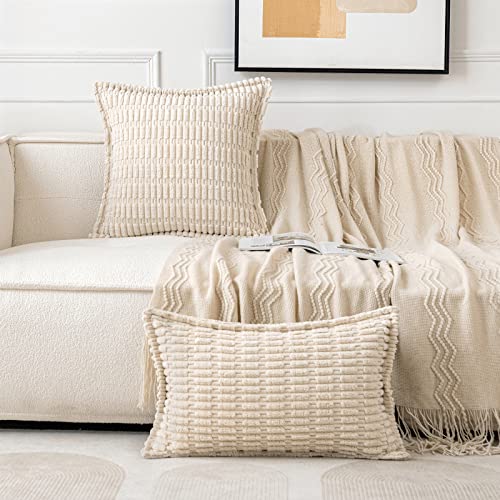 MIULEE Cream White Corduroy Decorative Throw Pillow Covers Pack of 2 Soft Striped Pillows Pillowcases with Broad Edge Modern Boho Home Decor for Couch Sofa Bed 18x18 Inch